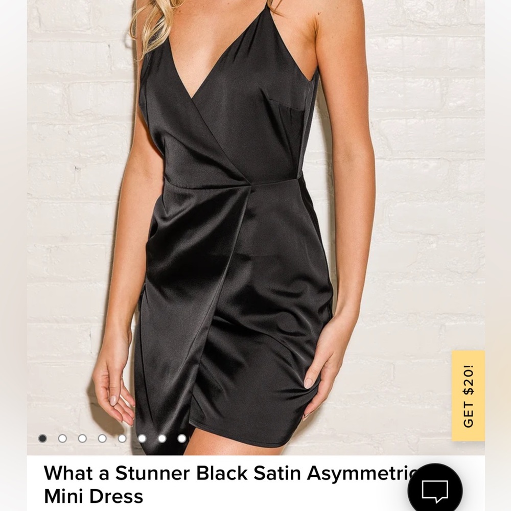 Lulu’s black asymmetrical satin mini dress